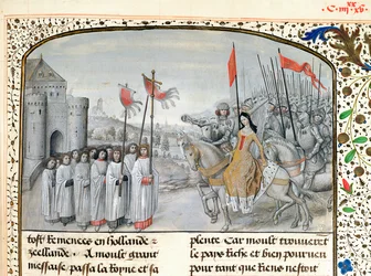 Ms 659 f.195. La regina Isabella (1292-1358) di Francia e suo figlio Edoardo III (1312-77) sono accolti a Oxford nel 1326, 1477